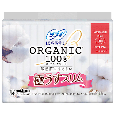 ユニ・チャーム（unicharm）　ソフィ　はだおもい　オーガニックコットン100%　極うすスリム　ナプキン　特に多い昼用　羽つき　23cm　15個入り（医薬部