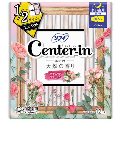 ユニ・チャーム（unicharm）　ソフィ　センターイン　コンパクト1／2　天然の香り　多い夜用　羽付き　30.5cmスリム　ナチュラルフローラル　12個入り（