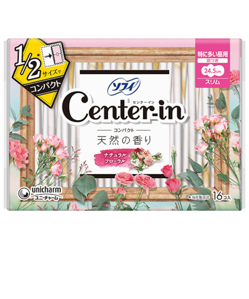 ユニ・チャーム（unicharm）　ソフィ　センターイン　コンパクト1／2　天然の香り　特に多い昼用　羽付き　24.5cmスリム　ナチュラルフローラル　16個入
