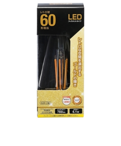 オーム電機　LED電球　フィラメント　レトロ球　E26　60形相当　キャンドル色　LDF6L　C6／GST64