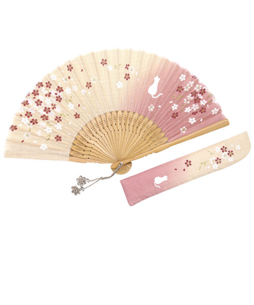 山岡白竹堂　婦人用扇子　なごみモチーフ　さくらねこセット　ピンク　扇袋付