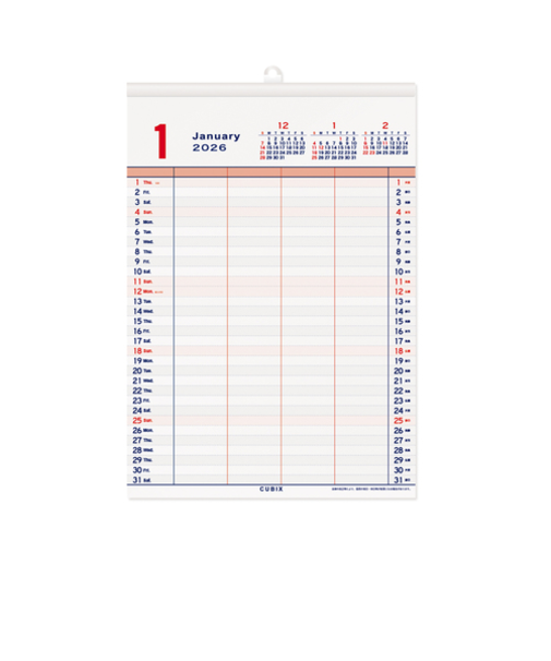 【2026年版・壁掛】　キュービックス（CUBIX）　家族スケジュールカレンダー　A4　204014