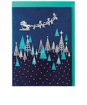 【クリスマス】ホールマーク（Hallmark）　二つ折りクリスマスカード　847142　ホログラム箔　空を飛ぶサンタ