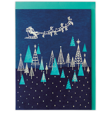 【クリスマス】ホールマーク（Hallmark）　二つ折りクリスマスカード　847142　ホログラム箔　空を飛ぶサンタ