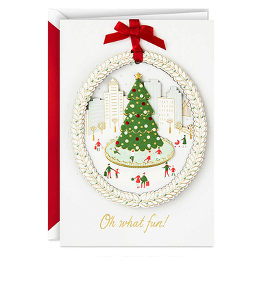 【クリスマス】ホールマーク（Hallmark）　輸入カード　クリスマスカード　シグネチャー　Oh　What　Fun　829544　レースカットオーナメント付き