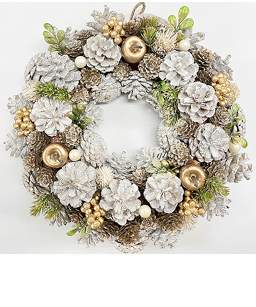 【クリスマス】　アートプリントジャパン　リース　パインコーンゴールドアップル　35cm　ホワイト