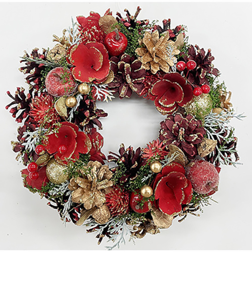 【クリスマス】　アートプリントジャパン　リース　フラワーパインコーン　25cm　レッド