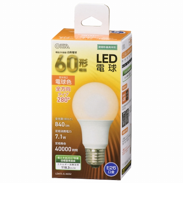 オーム電機（OHM）　LED電球　E26　60形相当　電球色　LDA7L-G　AG52
