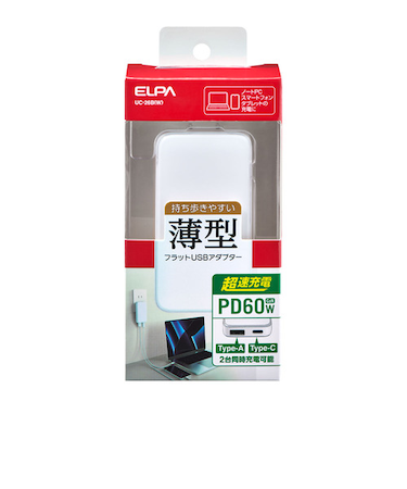 エルパ（ELPA）　USB充電器　PD　60W　薄型ACアダプター　UC－26（W）　ホワイト