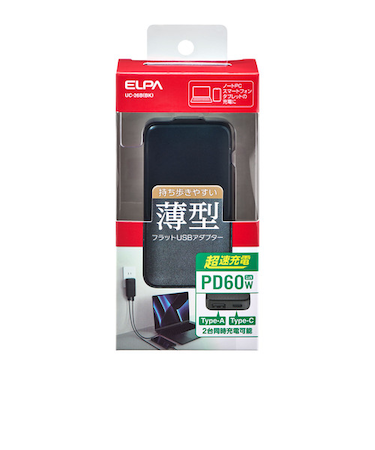 エルパ（ELPA）　USB充電器　PD　60W　薄型ACアダプター　UC－26（BK）　ブラック