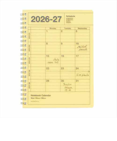 【2026年4月始まり】　マークス（MARK’S）　ノートブックカレンダー　Ｓ　縦型　マンスリーブロック　26SDR-NB11-YE　イエロー　月曜始まり