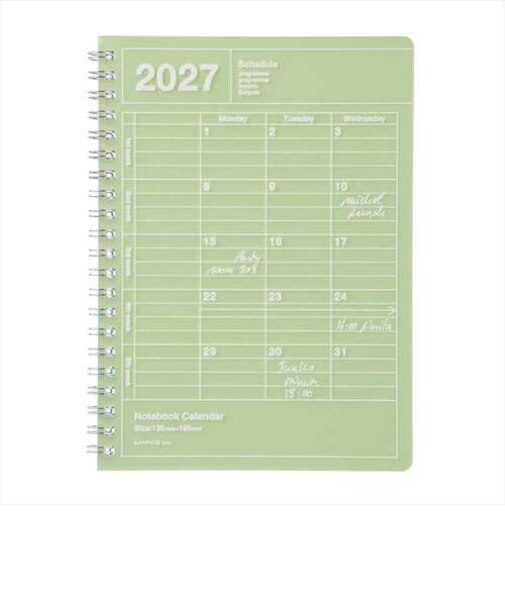 【2027年1月始まり】　マークス（MARK'S）　ノートブックカレンダー　S　縦型　マンスリーブロック　27WDR-NB11-LGN　ライムグリーン　月曜始ま