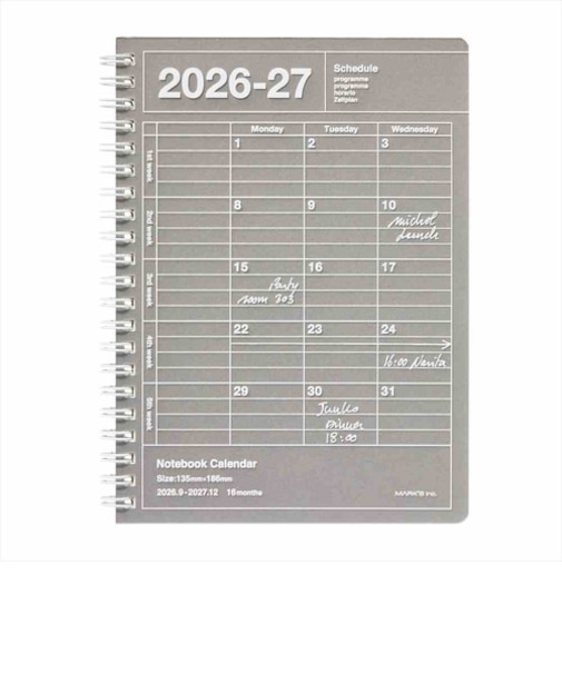 【2026年9月始まり】　マークス（MARK'S）　ノートブックカレンダー　S　縦型　マンスリーブロック　27ADR-NB11-GY　ダブグレー　月曜始まり