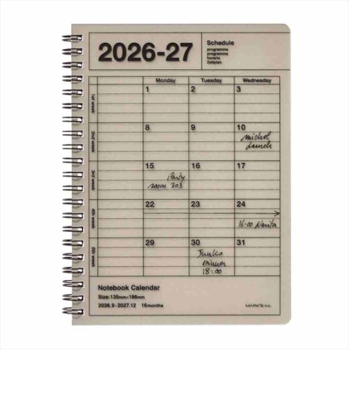 【2026年9月始まり】　マークス（MARK'S）　ノートブックカレンダー　S　縦型　マンスリーブロック　27ADR-NB11-BE　スモーキーベージュ　月曜始