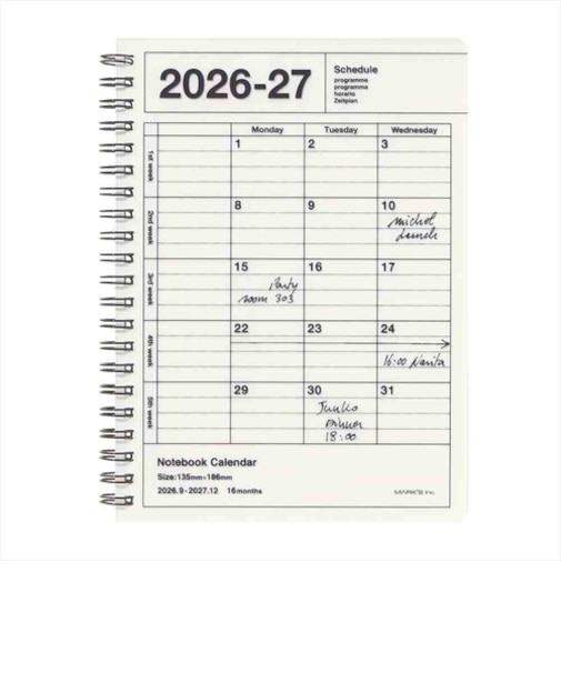 【2026年9月始まり】　マークス（MARK'S）　ノートブックカレンダー　S　縦型　マンスリーブロック　27ADR-NB11-WH　ホワイト　月曜始まり