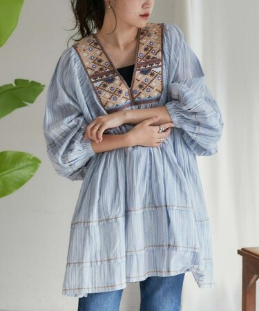 【WEB限定】【india】ミラーワーク刺繍ストライプチュニック