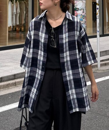 【ユニセックス】バスケット編みメッシュチェックシャツ