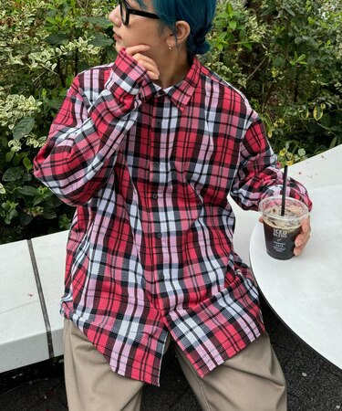 【ユニセックス】バスケット編みメッシュチェックシャツ