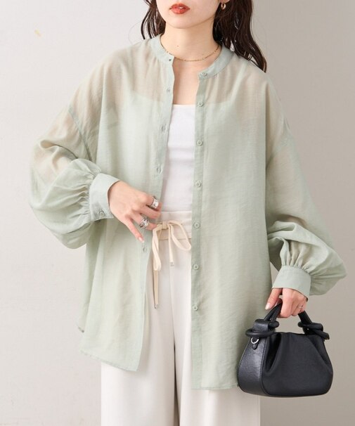 【累計販売数1万枚突破/程よい透け感】シアーバンドカラーシャツ