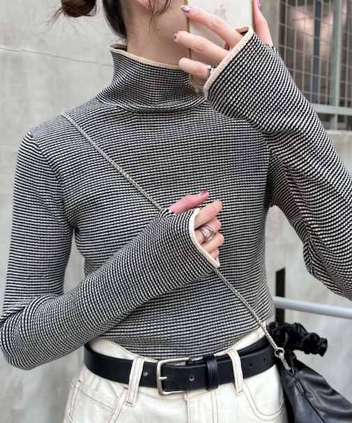 【新色追加】アンチピリング配色ステッチボーダータートルニット