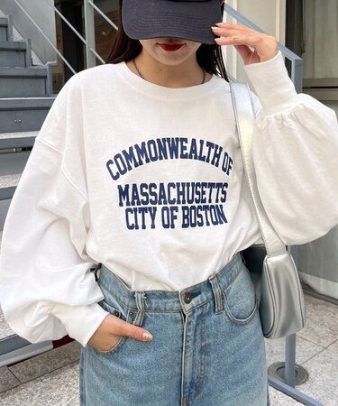 USAコットンプリント袖ボリュームスリーブロゴロンTee