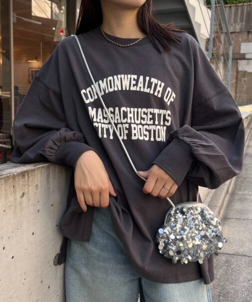 USAコットンプリント袖ボリュームスリーブロゴロンTee