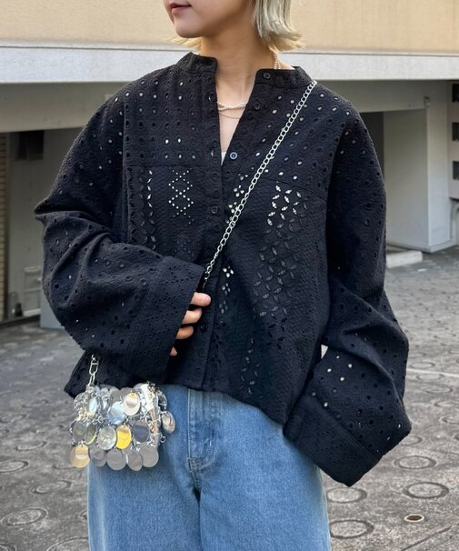 【From India】切替カットワークレースクロップド丈オーバーシャツ