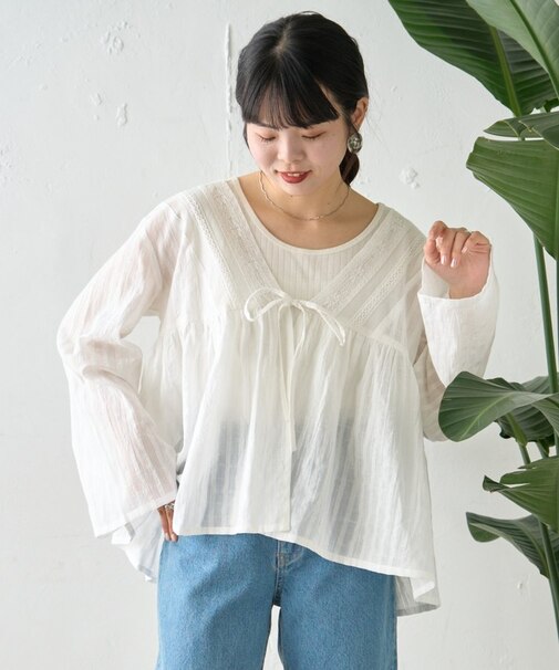 【From India】シアーストライプレースブラウスカーデ