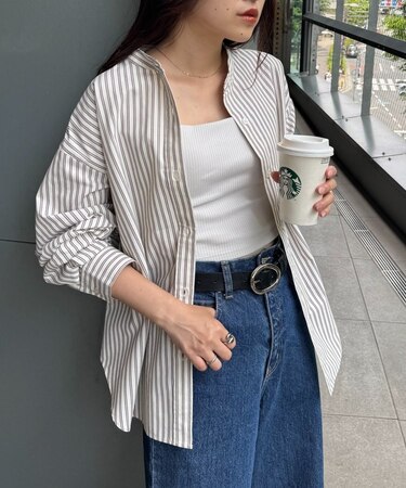 【日焼け対策・お手入れ簡単】ボリュームスリーブストライプバンドカラーシャツ