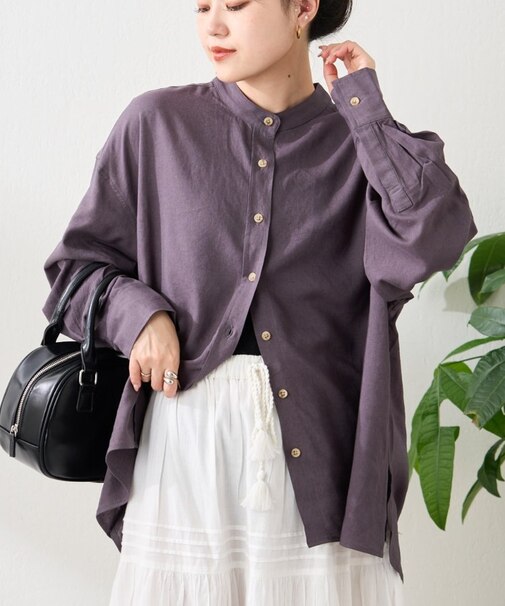 【冷房・日焼け対策/ロングセラー】リネンレーヨンバンドカラーシャツ