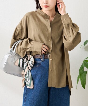 【冷房・日焼け対策/ロングセラー】リネンレーヨンバンドカラーシャツ