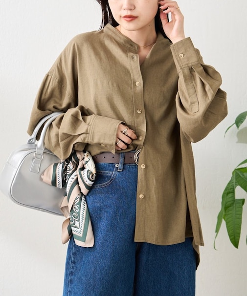 【冷房・日焼け対策/ロングセラー】リネンレーヨンバンドカラーシャツ