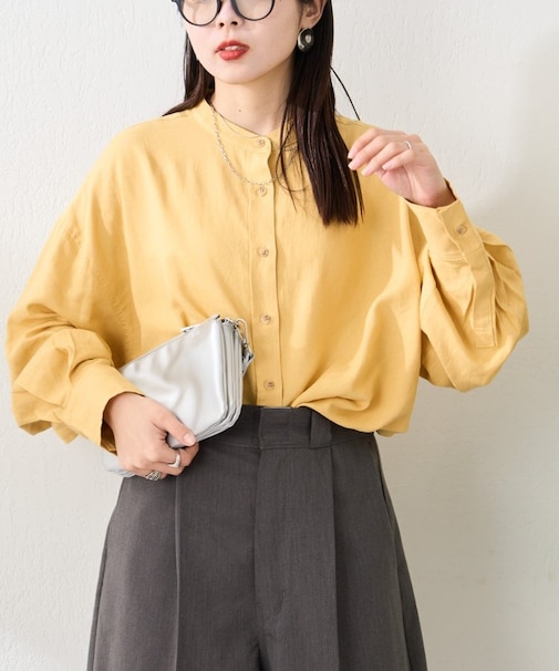 【冷房・日焼け対策/ロングセラー】リネンレーヨンバンドカラーシャツ