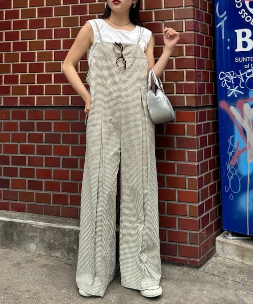 【タンク付き】ムジ見えチェックサッカーサロペット