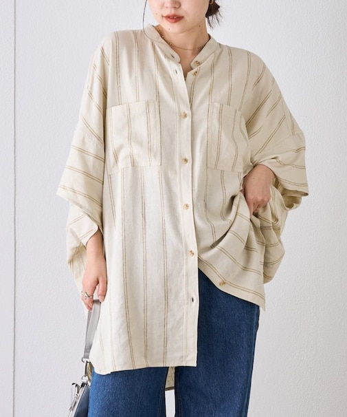 【夏の体型カバー】リネンレーヨンドルマンシャツ