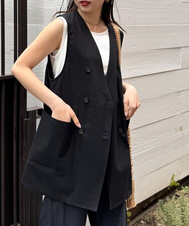 ノーカラーリネン混ジレ