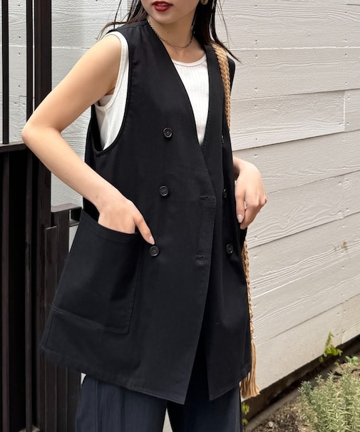 ノーカラーリネン混ジレ