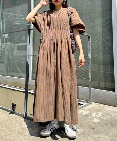 【India】綿麻ウエストタックドルマンワンピース