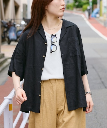 【ユニセックスで着れる】リネンレーヨンオープンカラー半袖シャツ