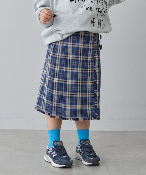 【KIDS】プリーツミモレ丈チェックスカート