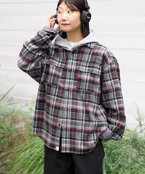 コーデュロイ袖切り替え】【ユニセックス】モールチェックシャツ