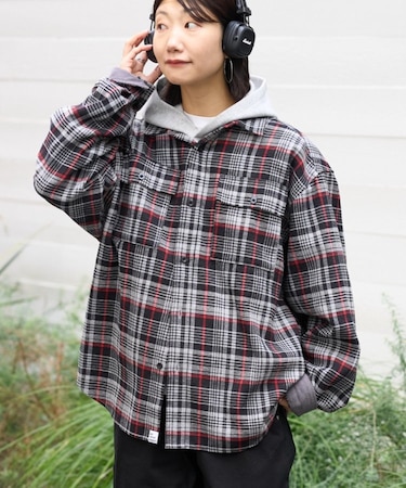 【コーデュロイ袖切り替え】【ユニセックス】モールチェックシャツジャケット