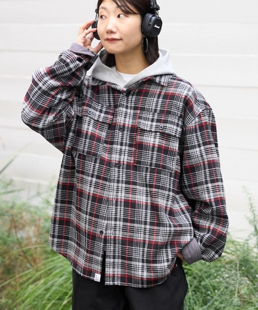 【コーデュロイ袖切り替え】【ユニセックス】モールチェックシャツジャケット