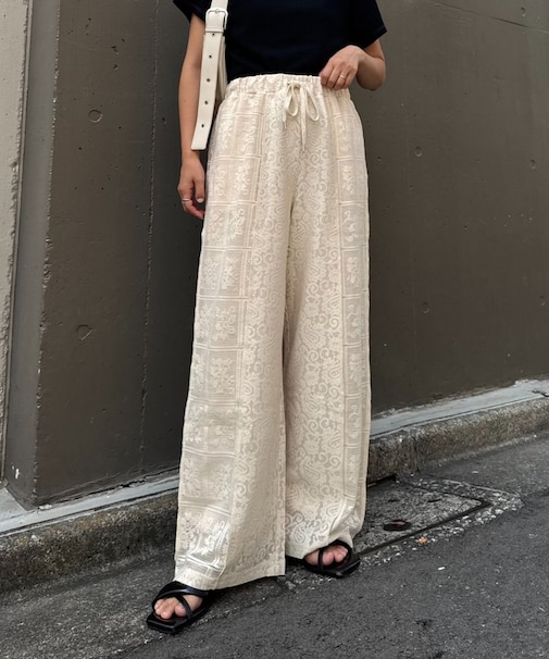 パッチワーク切替レースワイドパンツ