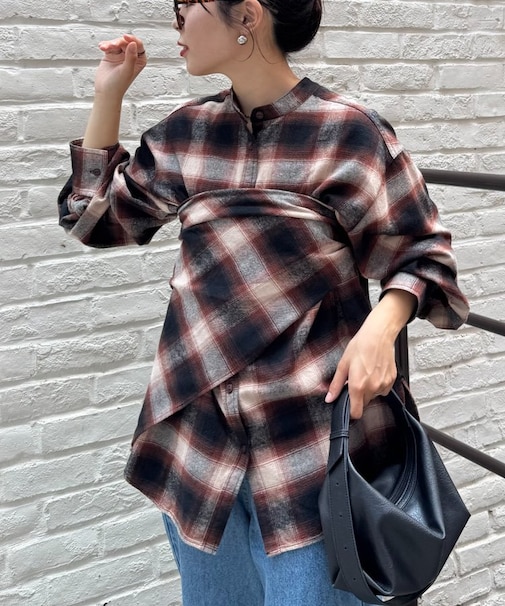 【アレンジ自由自在】スカーフ付きボリュームスリーブチェックシャツ