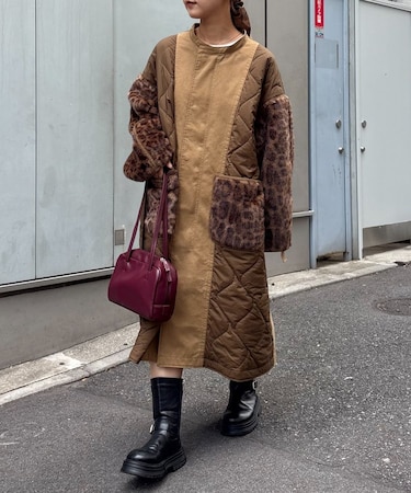 etsintaファー切替ノーカラーキルティングコート