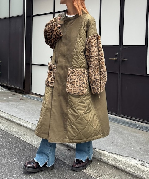 etsintaファー切替ノーカラーキルティングコート
