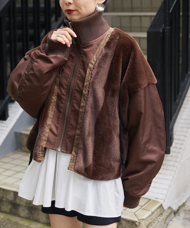 【etsinta】ファー切替ショートスタンドジャケット/WEB限定カラーあり
