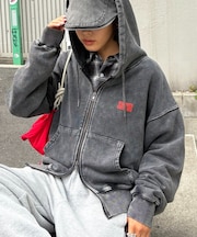 【UNISEX】アシッドウォッシュ加工ロゴジップパーカー
