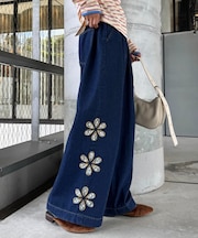 H.Sレースフラワーカットワイドデニム